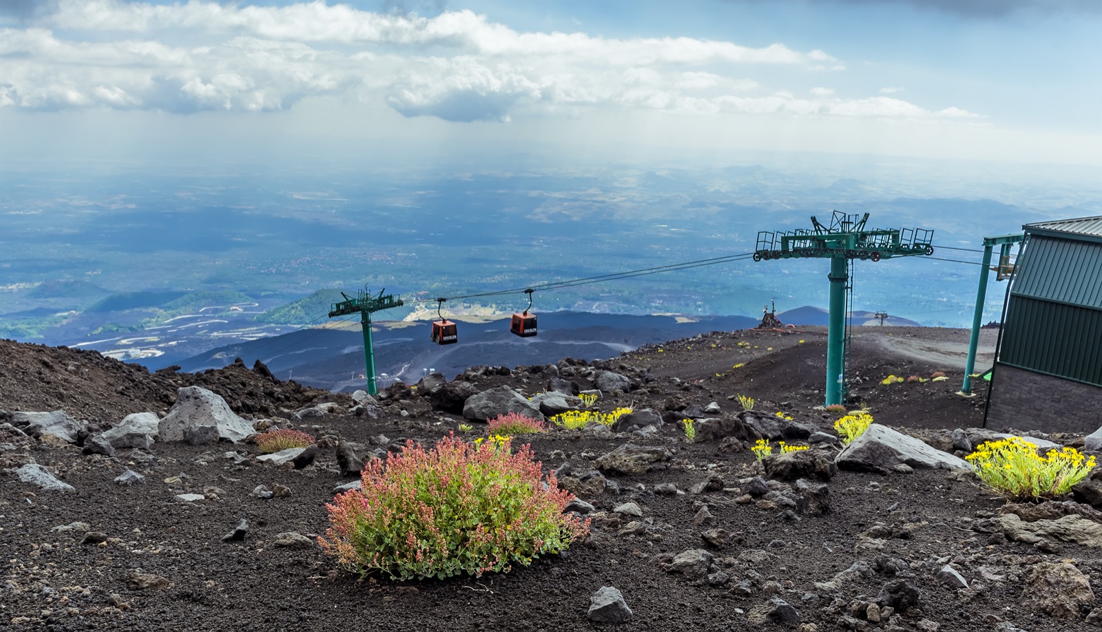 Aerial view of the summit craters of Mount Etna above the Sicilian coast